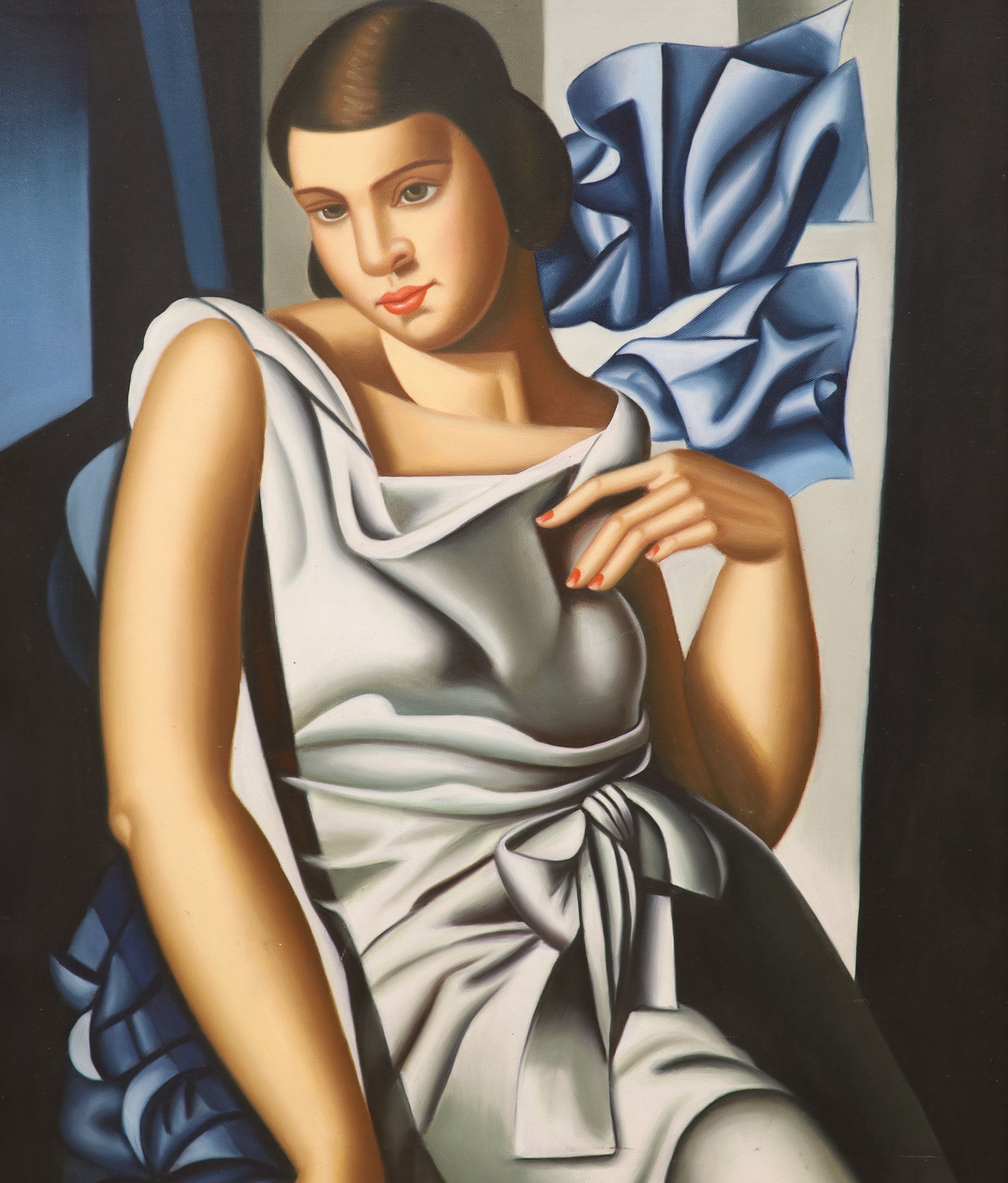 After Tamara de Lempicka, oil on canvas, Woman in a silver dress, 59 x 49cm